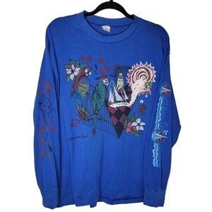 Vintage 80s Parrots Tropical Lighthouse Sailing Abstract Art Long Sleeve T-Shirt